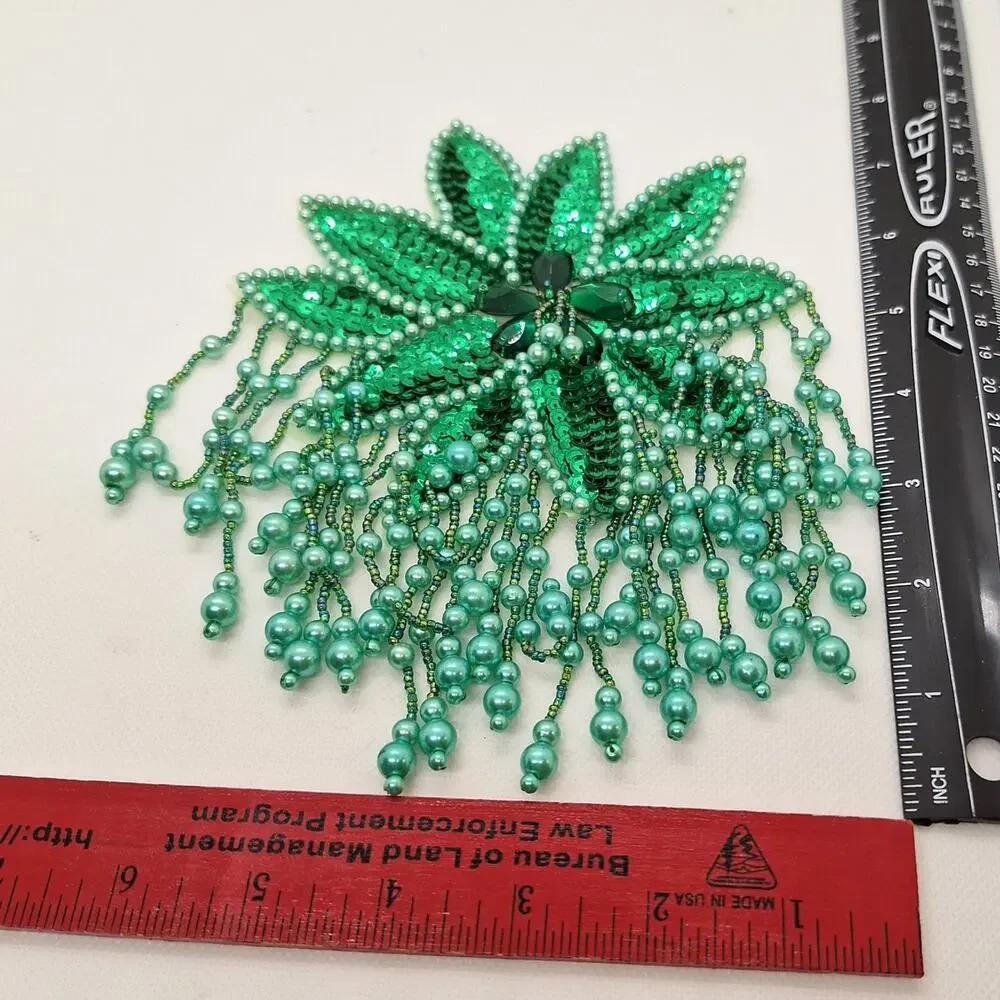 Green Sequin/Bead Starburst Epaulets  Bead Fringe Lot of 2